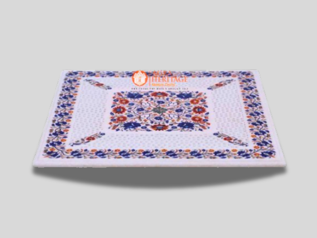 White Square Filigree Marble Table Top Multi Inlay Decor